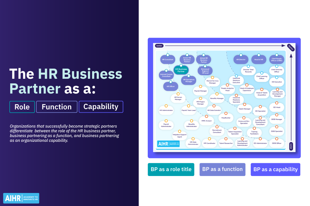 Graphic showing HR Business Partner roles, functions, and capabilities with career progression map.