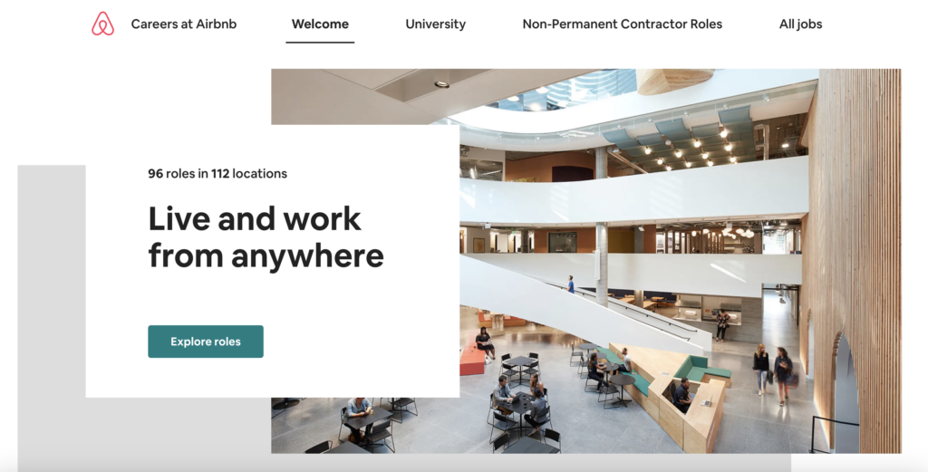 Airbnb's career page on their online website. 