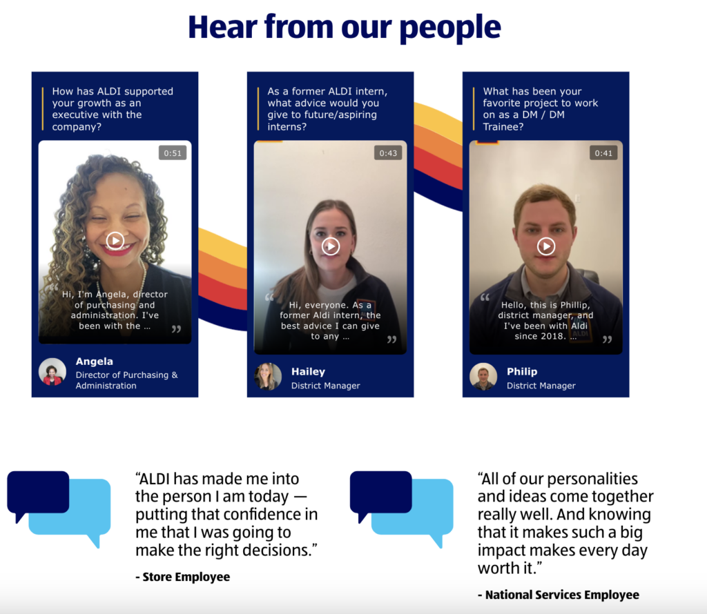 3 examples of employee testimonial videos on the ALDI's careers page. 