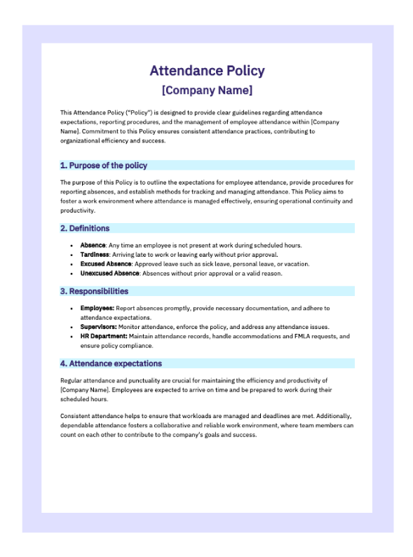 A preview of an attendance policy template