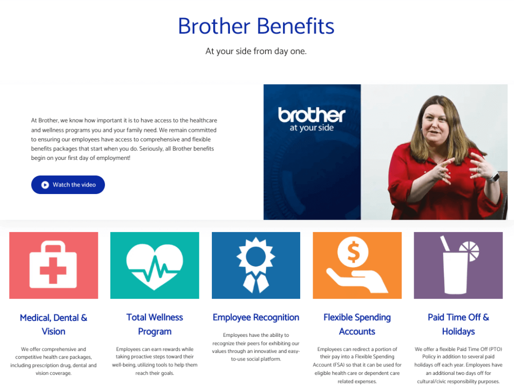 Benefits section of Brother careers page showcasing what the company offers to their employees.