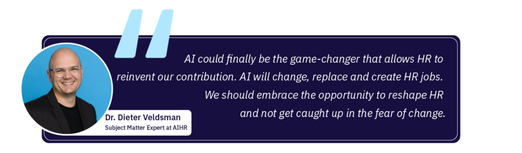 A quote from Dr. Dieter Veldsman describing how AI can be a game-changer for HR.