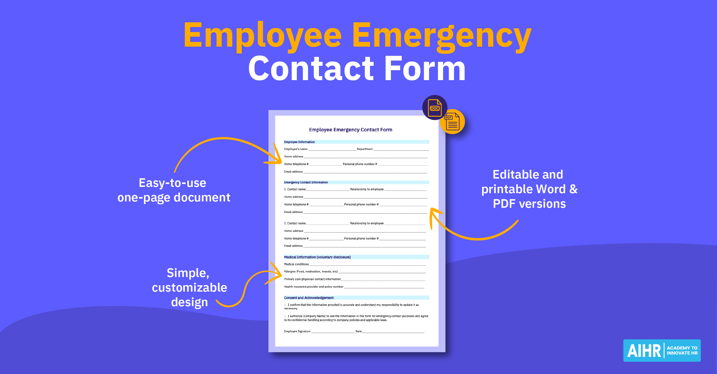 An employee emergency contact form template highlighting its simple design and editable Word & PDF formats.