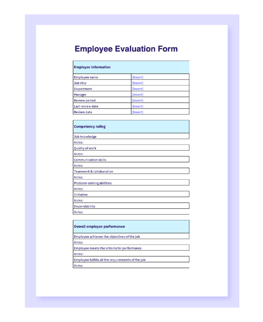 Employee evaluation form template in Excel.