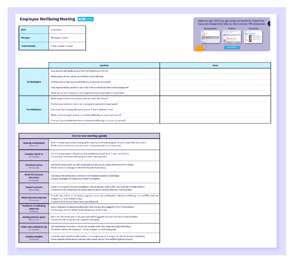 A preview of the employee wellbeing Excel template.