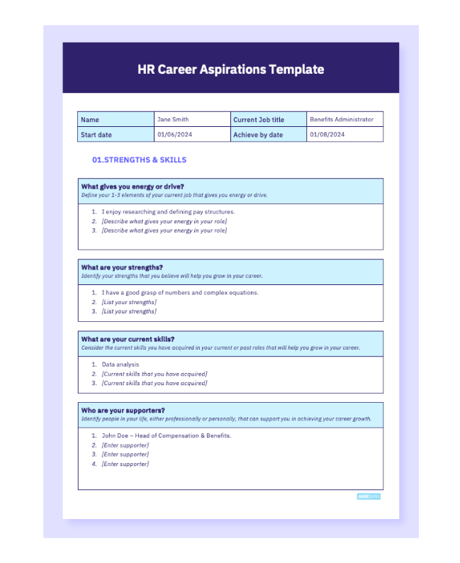 Preview of the "HR career aspirations template" in Word.