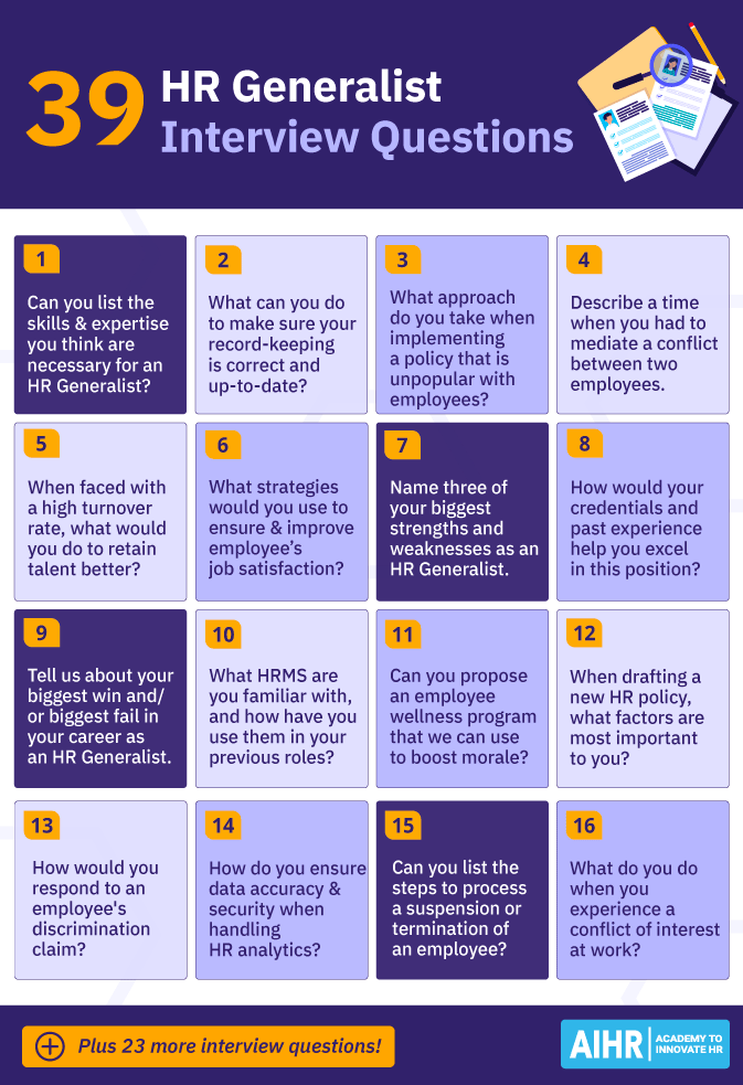 39 HR Generalist interview questions on skills, record-keeping, policy implementation, conflict mediation, and job satisfaction.