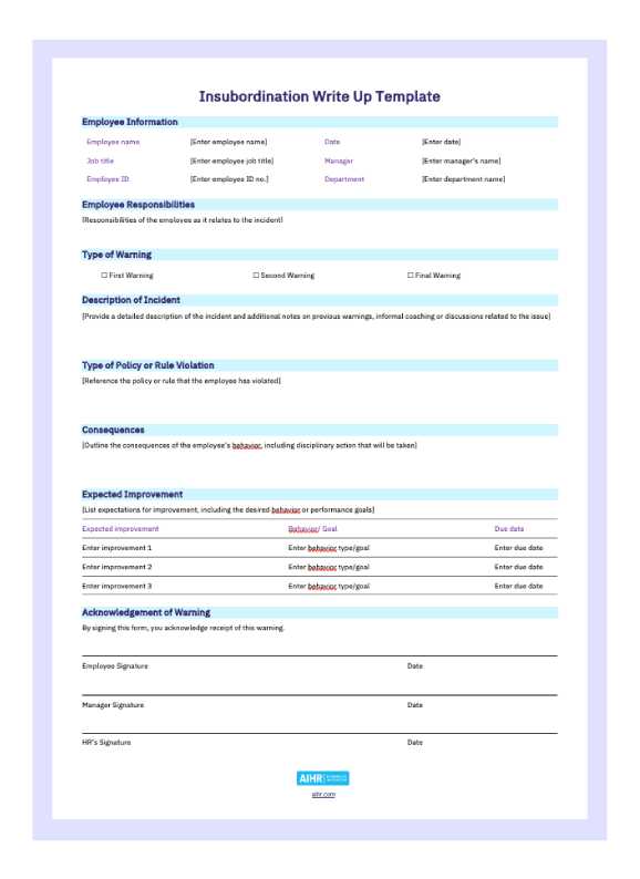 A preview of an insubordination write up template.