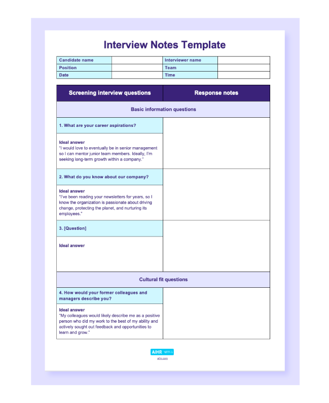 Preview of free interview notes template in Word.