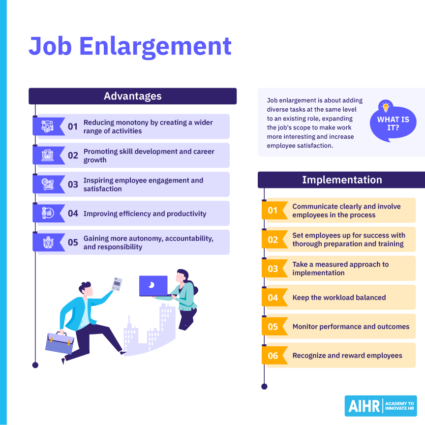 The advantages of job enlargement and steps to implement it.