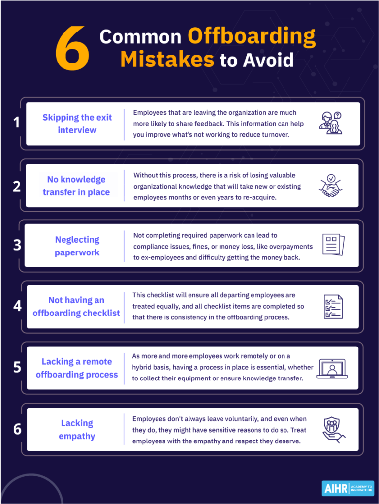 Common offboarding mistakes to avoid include neglecting paperwork and lacking empathy.