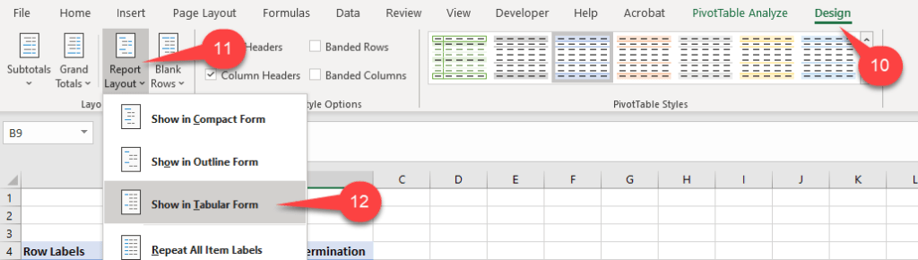 Pivot table layout