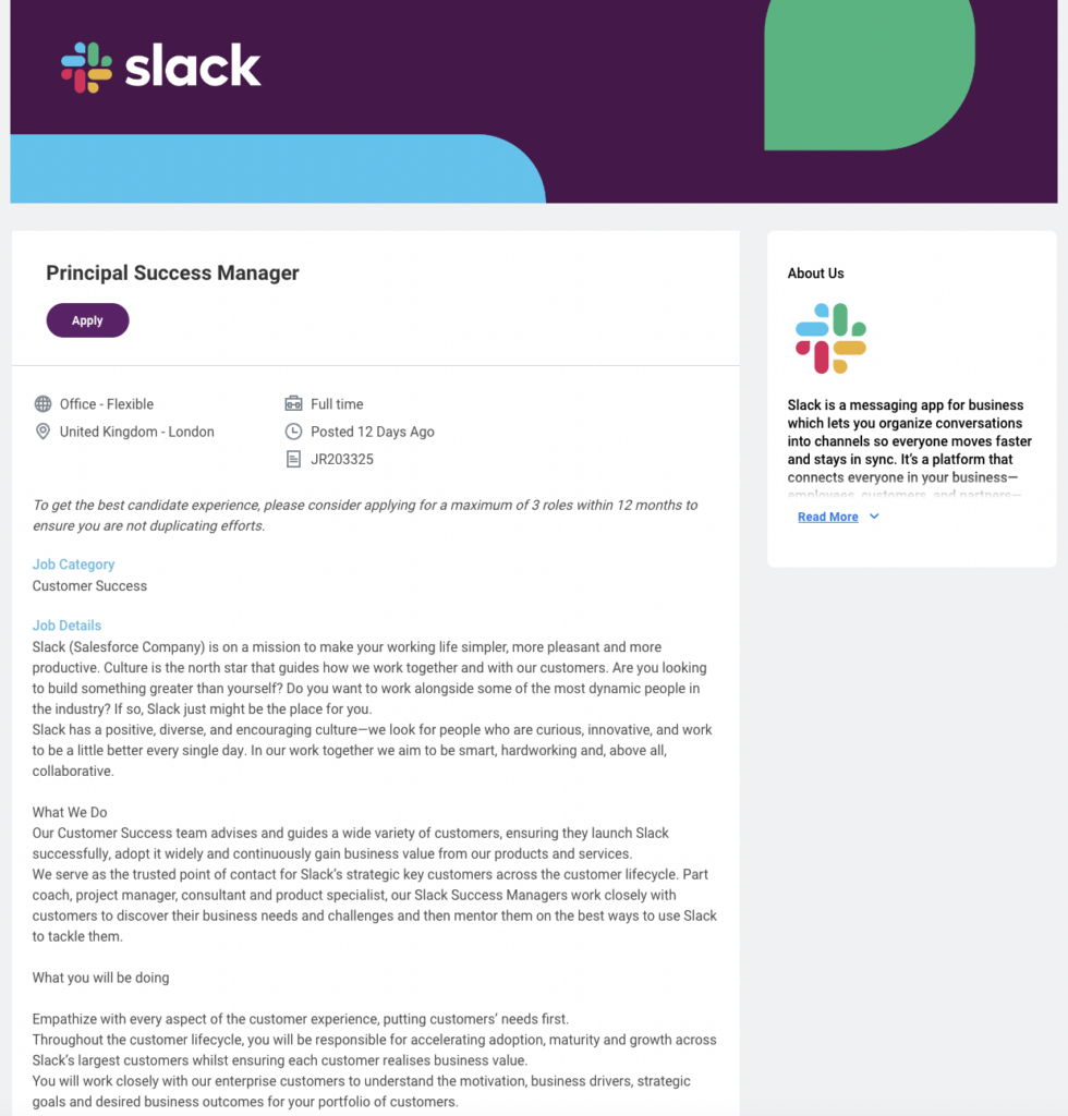 Slack Principal Success Manager roles and responsibilities example