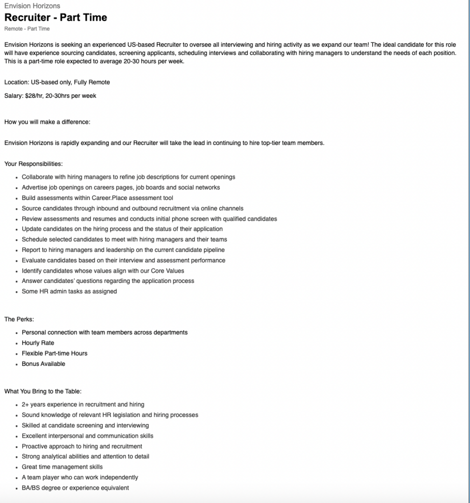 Envision Horizons Part-time Recruiter Job Description Example