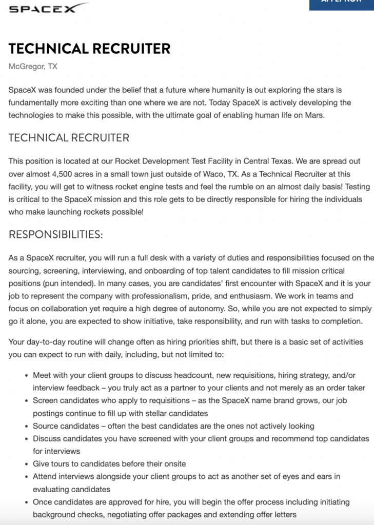 SpaceEx Technical Recruiter Job Description Example